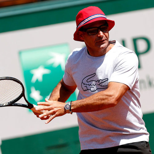 Gregor Dimitrov of Bulgaria in action during practice at Roland Garros, Paris, 2015